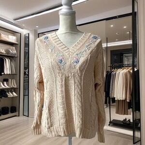 Margules Ramie Cotton Knit Cable‎ Knit Cottagecore V Neck Sweater  Large Size L